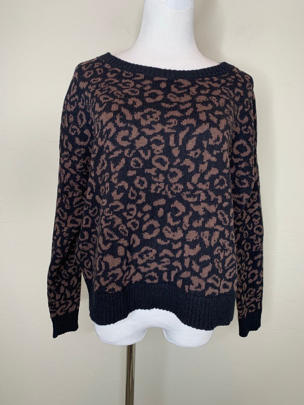Free People Black Brown Leopard Animal Print Sweater Sz XS Cheetah